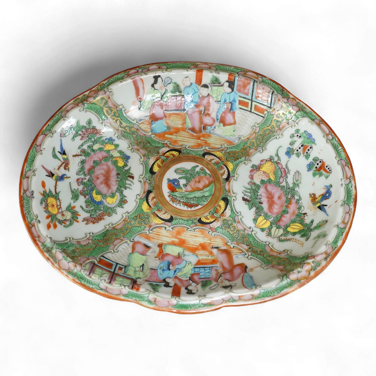 A 19th century Canton dish enamelled with figures and birds, 26cm wide